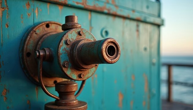 Close-up rusty vintage telescope against weathered blue wall overlooking ocean. Nautical maritime exploration equipment with sea horizon background. Old corroded metal detail on seafront location.