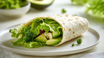 Photorealistic portrayal of a healthy food wrap featuring fresh avocado and crisp lettuce beautifully arranged on a plate
