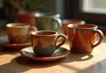 handcrafted ceramic coffee cups artisan design unique pottery set warm earthy colors, clay, mug, earthenware, glaze, texture, tableware, drinkware, style