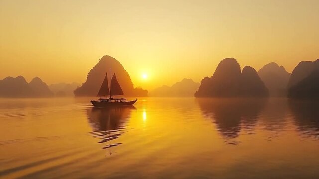 Enchanting Sunrise Over Halong Bay: Traditional Sailboat Journey Through Golden Waters