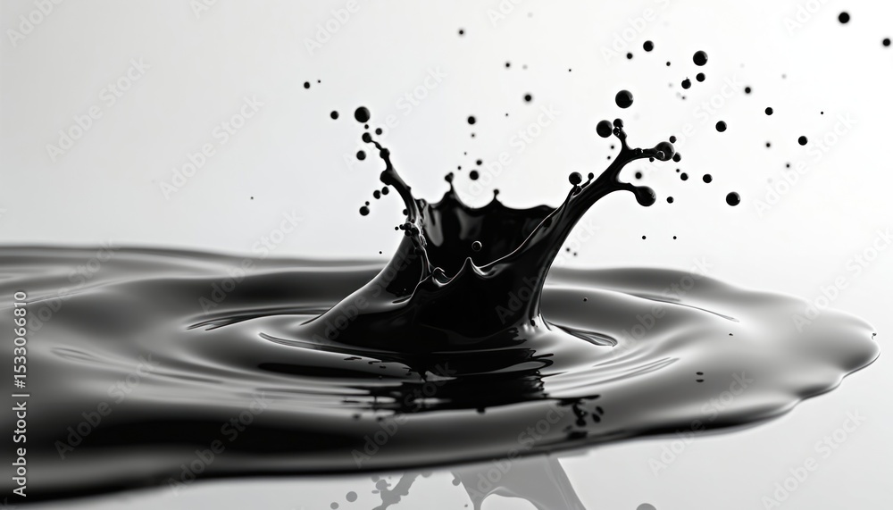 Poster black oil splash on white background. liquid abstract form creates dynamic pattern, wavy surface. mo