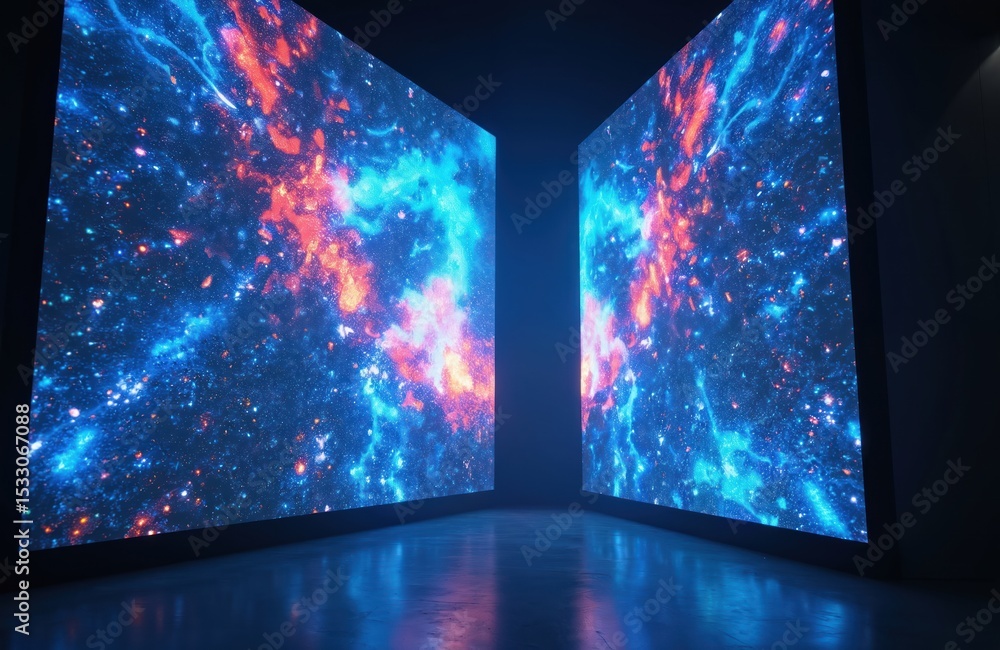 Poster large led screens display colorful abstract light show in dark room. modern tech monitors create dig