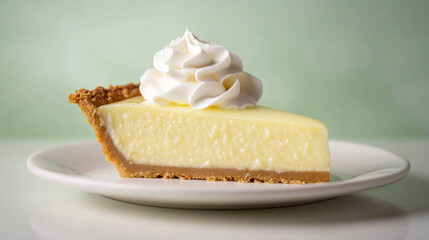 A beautifully arranged key lime pie topped with a generous dollop of whipped cream placed on a clean surface