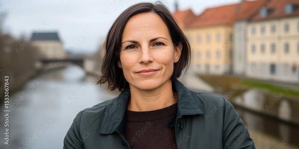 Poster a woman is standing in front of a building with a river in the background. she is smiling and lookin