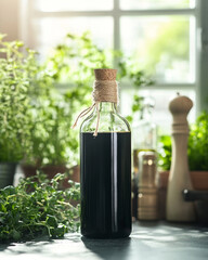 A Close Up View of a Rustic Homemade Vinegar Bottle Elegantly Displayed in a Well Lit Kitchen Setting for Culinary Use