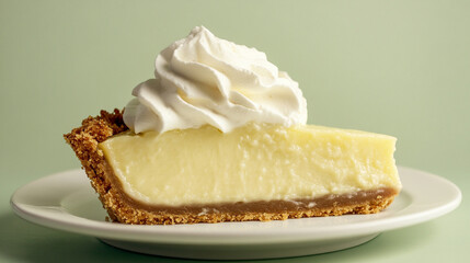 A beautifully arranged key lime pie topped with a generous dollop of whipped cream placed on a clean plate