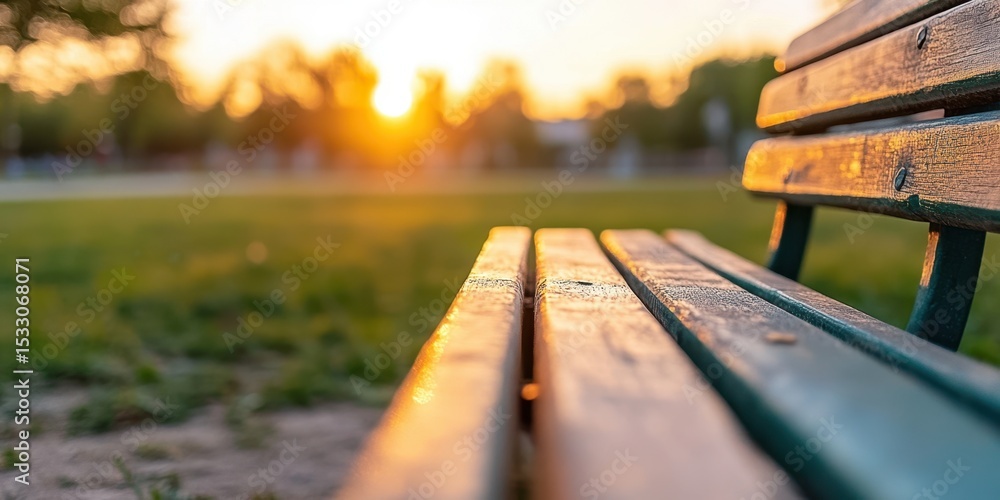Poster a bench in a park with the sun setting in the background. the bench is empty and the grass is green