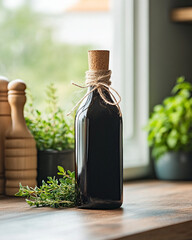 A Close Up View of a Rustic Homemade Vinegar Bottle Elegantly Displayed in a Well Lit Kitchen Setting