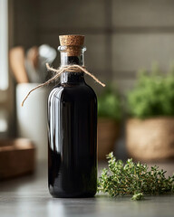 A Close Up View of a Rustic Homemade Vinegar Bottle Elegantly Displayed in a Well Lit Kitchen Setting