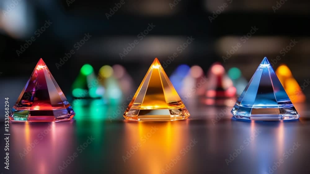 Poster colorful acrylic pyramids illuminated on a dark surface create a vibrant visual display in a creativ