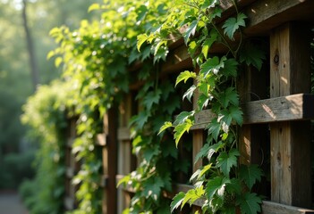 intertwined vines rustic weathered wooden trellis natural texture detail, leaf, plant, garden, flora, creeper, ivy, growth, vibrant, lush, earthy