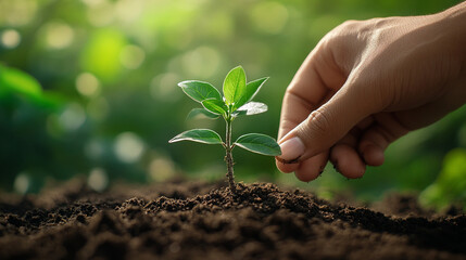 Close Up of a Hand Gently Planting a Small Sapling in Rich Dark Soil with a Soft Focus on the Background