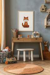 Stylish colorful child room with wooden desk, decorations, toys and mock up poster frame.