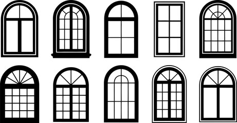 Illustration of ten black and white window designs with varying shapes and grid patterns