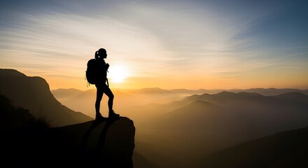 Woman hiking silhouette at sunset mountain top adventure travel outdoor recreation landscape photography