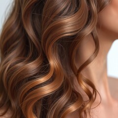 Fototapeta premium Close-up of beautiful, flowing brown hair. Elegant curls, healthy strands, soft shades of brown and copper. Perfect hair texture, shine, wavy hair. Beauty, fashion and hair care.