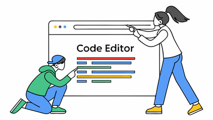 Two people interacting with a code editor interface illustration