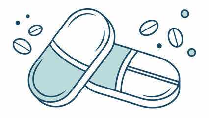 Two stylized capsules and several small pills blue outline