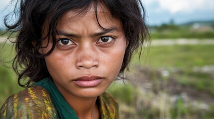 A young woman with dark hair and a green dress is staring at the camera. She has a serious expression on her face