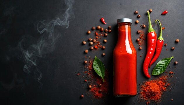 Glass bottle chili sauce or ketchup alongside red hot chili peppers on black background with smoke, Mexican paprika spice. Flat lay mockup suitable for logo or design. Food and drinks concept.