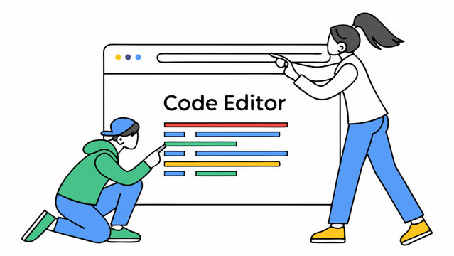 Two people interacting with a code editor interface illustration