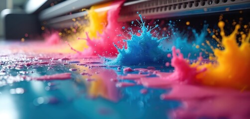 Illustration printing services with wide banner. Pro photocopier, vibrant color splashes in blue, pink, yellow. Represents digital printing technology, graphic design, office equipment. Colors
