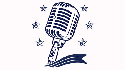 Vintage Microphone with Stars and Ribbon Graphic Illustration