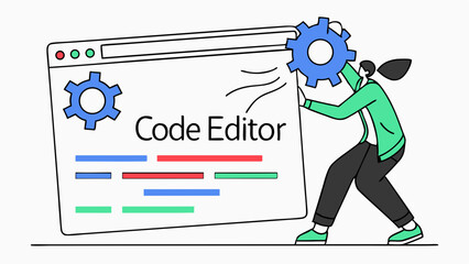 Woman Configuring Code Editor Interface with Gears