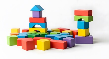 Naklejka premium Colorful wooden building blocks toys for kids children learning development and creative play on white background