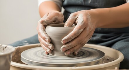 Fototapeta premium Pottery wheel hands shaping clay art studio ceramic craft hobby artist artisan creative handmade skill