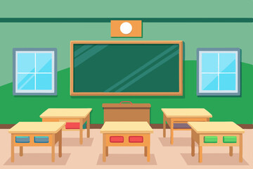 Empty school classroom interior with chairs and desks facing a blackboard