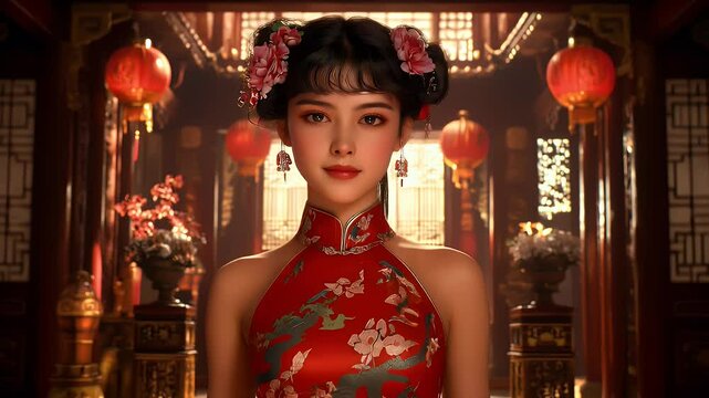 Young Chinese woman in red cheongsam walks through traditional house with red lanterns
