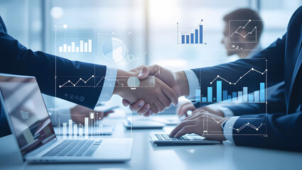 Business handshake symbolizing partnership with overlaid financial data in an office environment