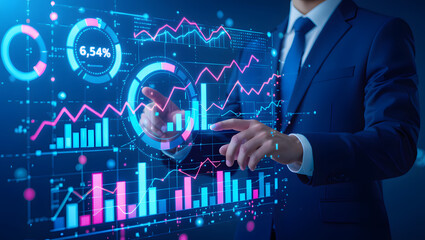 Business professional analyzing financial data and digital information on a futuristic screen.