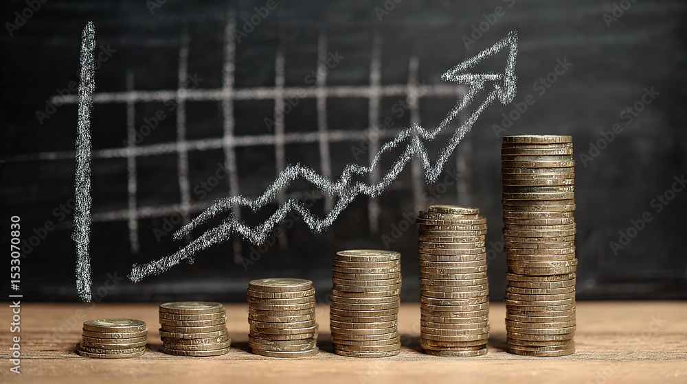 Poster 3d chalk drawing of rising graph on blackboard with coins display