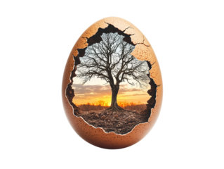 A surreal scene of a cracked egg revealing a majestic tree against a sunset backdrop, symbolizing new life and hope.