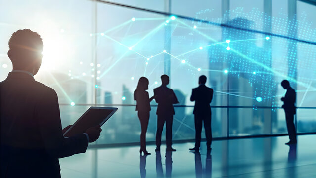 Business professionals discussing global digital connectivity within a modern corporate office setting