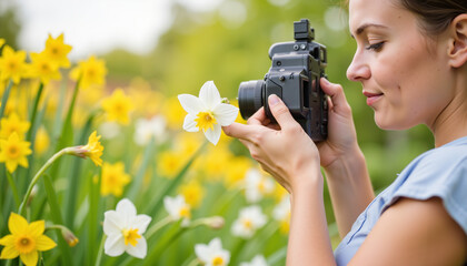 Woman photographing white flower among yellow daffodils in garden  