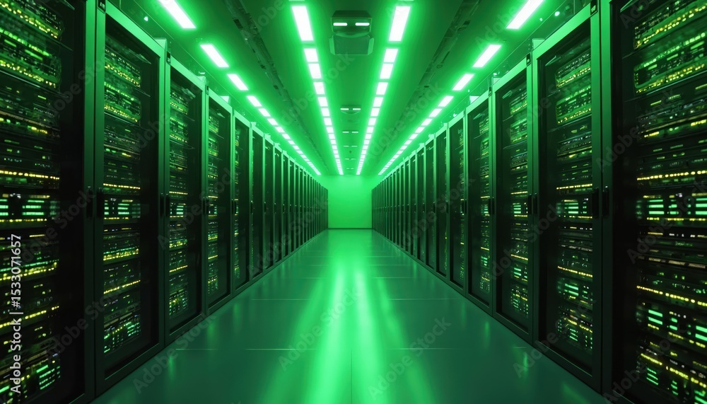 Poster Illustration shows rows of server racks in data center with vibrant green lights. Cloud computing tech, data storage, infrastructure for digital, network solutions. Modern server room, high-speed