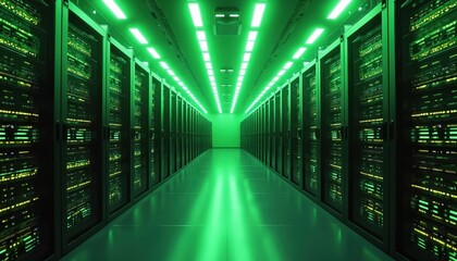 Illustration shows rows of server racks in data center with vibrant green lights. Cloud computing tech, data storage, infrastructure for digital, network solutions. Modern server room, high-speed