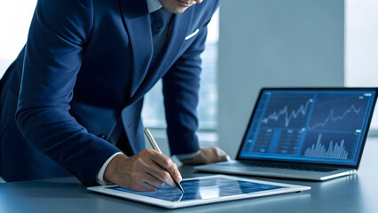 Businessman analyzing financial charts and data on a tablet and laptop computer