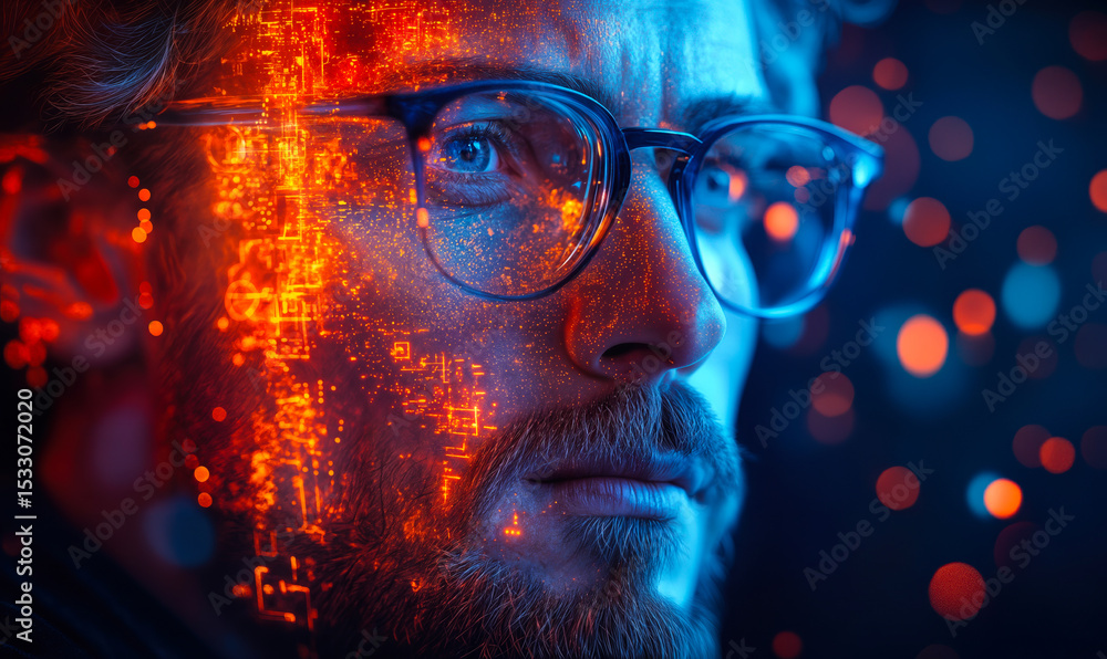 Poster close-up portrait of focused man wearing glasses with digital orange and blue glowing circuit patter
