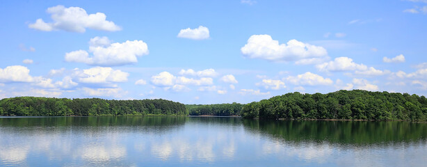 Beautiful Lake Norman, located 20 miles north of Charlotte in North Carolina.  Lake Norman is known for recreational activities, boating, fishing, and water sports.