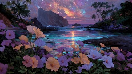 Magical tropical landscape with hibiscus flowers, palm trees, rocky coastline, and a star-filled colorful sky reflecting on tranquil water at sunset, dreamy, fantasy, vibrant, nature, paradise, exotic