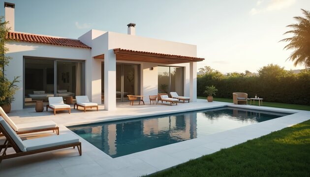 Modern white villa swimming pool. Morning sunlight illuminates luxurious home design. Exterior view of house features patio with furniture, lounge chairs. Real estate, vacation, holiday, travel,