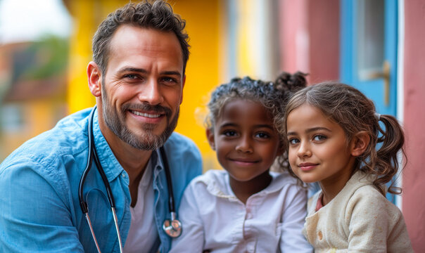 Smiling male doctor with stethoscope posing with two multicultural young girls outdoors in colorful urban setting closeup portrait, healthcare and pediatrics concept