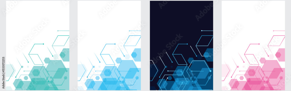 Poster futuristic blue hexagon network background with set – abstract digital tech design.