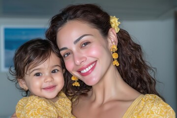 Smiling mother and child wearing matching yellow clothes, close embrace, natural light, joyful expression, happy family moment, ethnic diversity, love, parenthood, bonding, cheerful atmosphere.