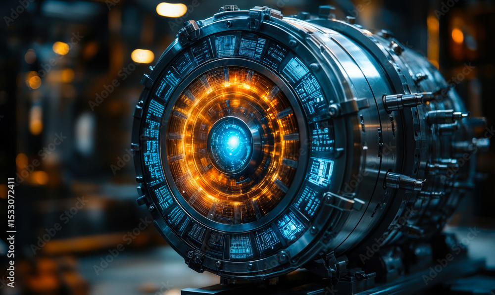 Poster close-up futuristic quantum computing processor with glowing blue and orange circuits and advanced t