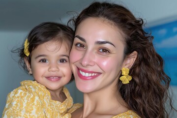 Smiling mother and child wearing matching yellow clothes, close embrace, natural light, joyful expression, happy family moment, ethnic diversity, love, parenthood, bonding, cheerful atmosphere.